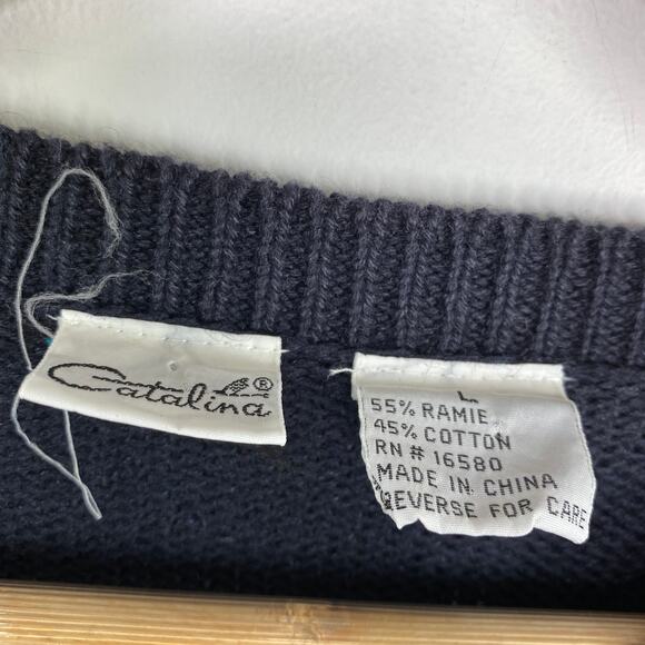 Catalina Vintage Navy Blue Floral Knit Crewneck Sweater Women's Size Large L - Picture 6 of 7